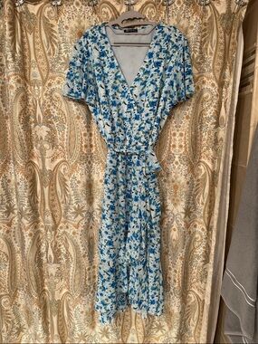 Blue Floral Wrap Midi Dress with Tie Waist